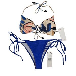 Red Carter Bikini Moonstone Triangle Top & Voyage Blue Tie Side Bottoms Small